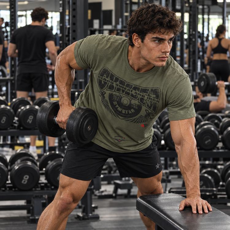 A man in a gym performing a dumbbell row, wearing an olive green Gymstar t-shirt with a black graphic and black athletic shorts. The background shows other gym equipment and other people working out.