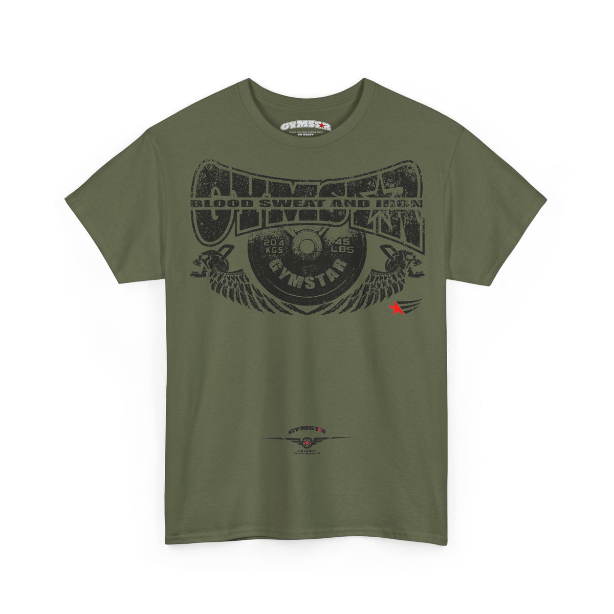 An olive green short-sleeve t-shirt with a distressed black graphic on the front reading 'UNBEATEN BLOOD SWEAT AND ICE' and 'Gymstar', displayed on a clean white background.