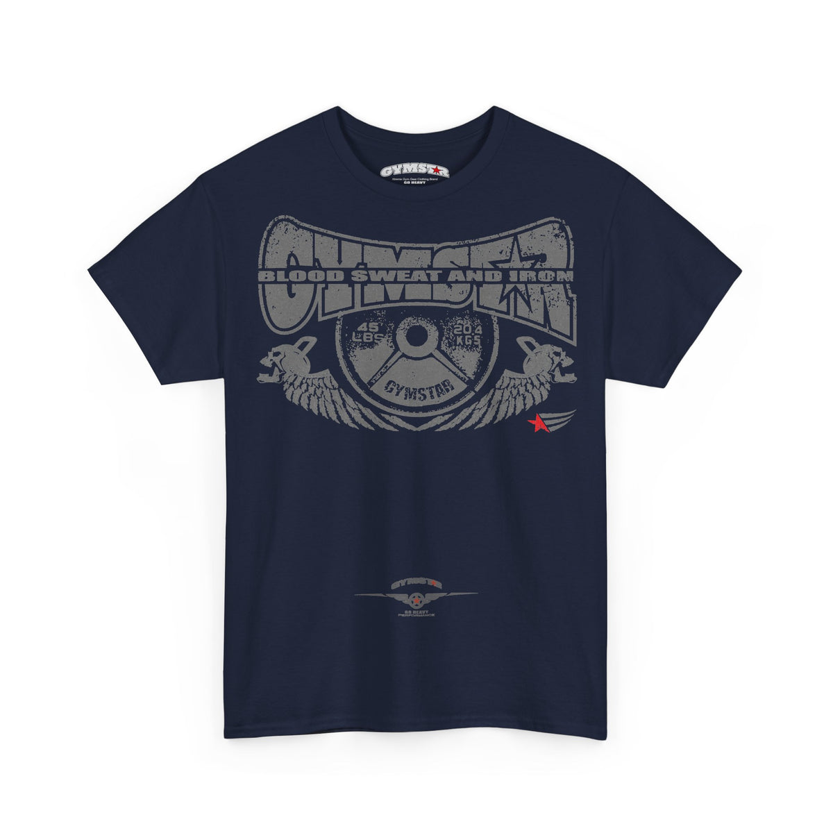 A navy blue short-sleeve t-shirt with a distressed gray graphic on the front reading 'CHEMICAL SWEAT AND IRON' and 'GYMSTRIE', featuring a barbell design and a small red star accent, shown on a plain white background.