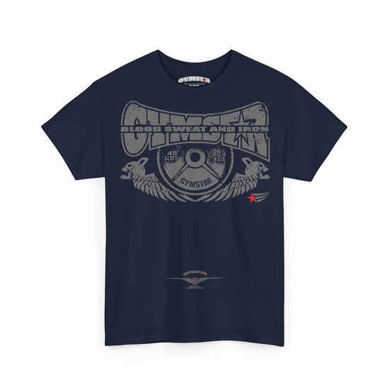 A navy blue short-sleeve t-shirt with a distressed gray graphic on the front reading 'CHEMICAL SWEAT AND IRON' and 'GYMSTRIE', featuring a barbell design and a small red star accent, shown on a plain white background.
