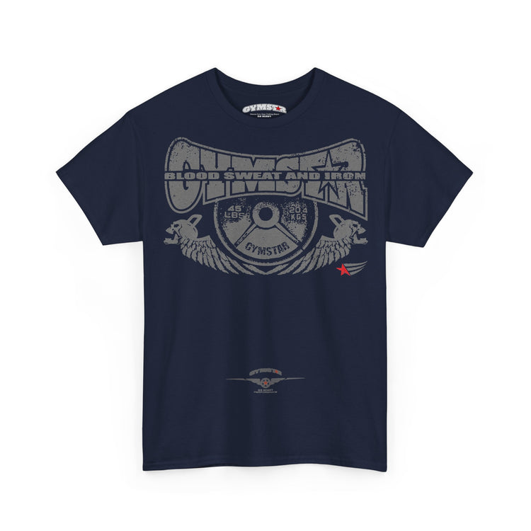 A navy blue short-sleeve t-shirt with a distressed gray graphic on the front reading 'CHEMICAL SWEAT AND IRON' and 'GYMSTRIE', featuring a barbell design and a small red star accent, shown on a plain white background.