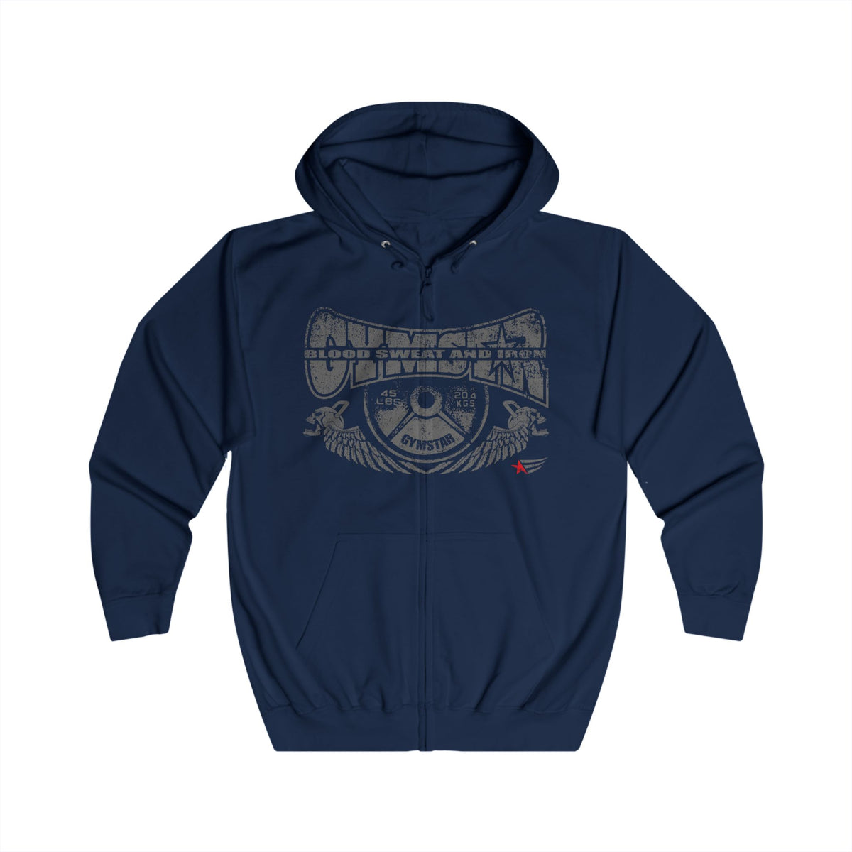 A navy blue zip-up hoodie with a distressed graphic on the chest that reads 'NUMBERS HARNESS SWEAT AND TOWN' with a central emblem and a small red logo on the lower right of the graphic, shown on a plain white background.