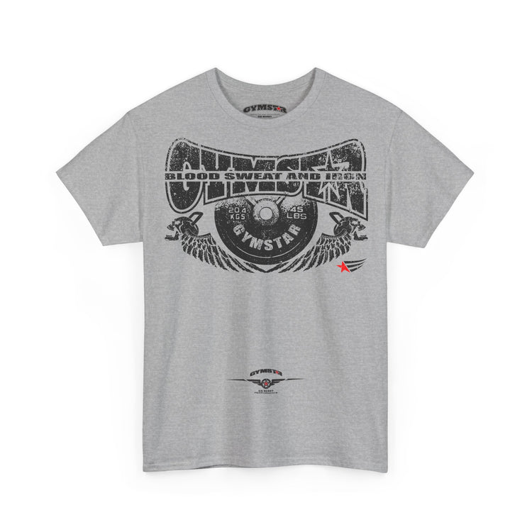 A heather gray short-sleeve t-shirt with a large black graphic print on the front featuring a vinyl record, wings, and the text 'Gymnster Blood Sweat and Iron'. A small red star accent is visible on the right side of the graphic, and a smaller Gymnster logo is printed near the lower hem.
