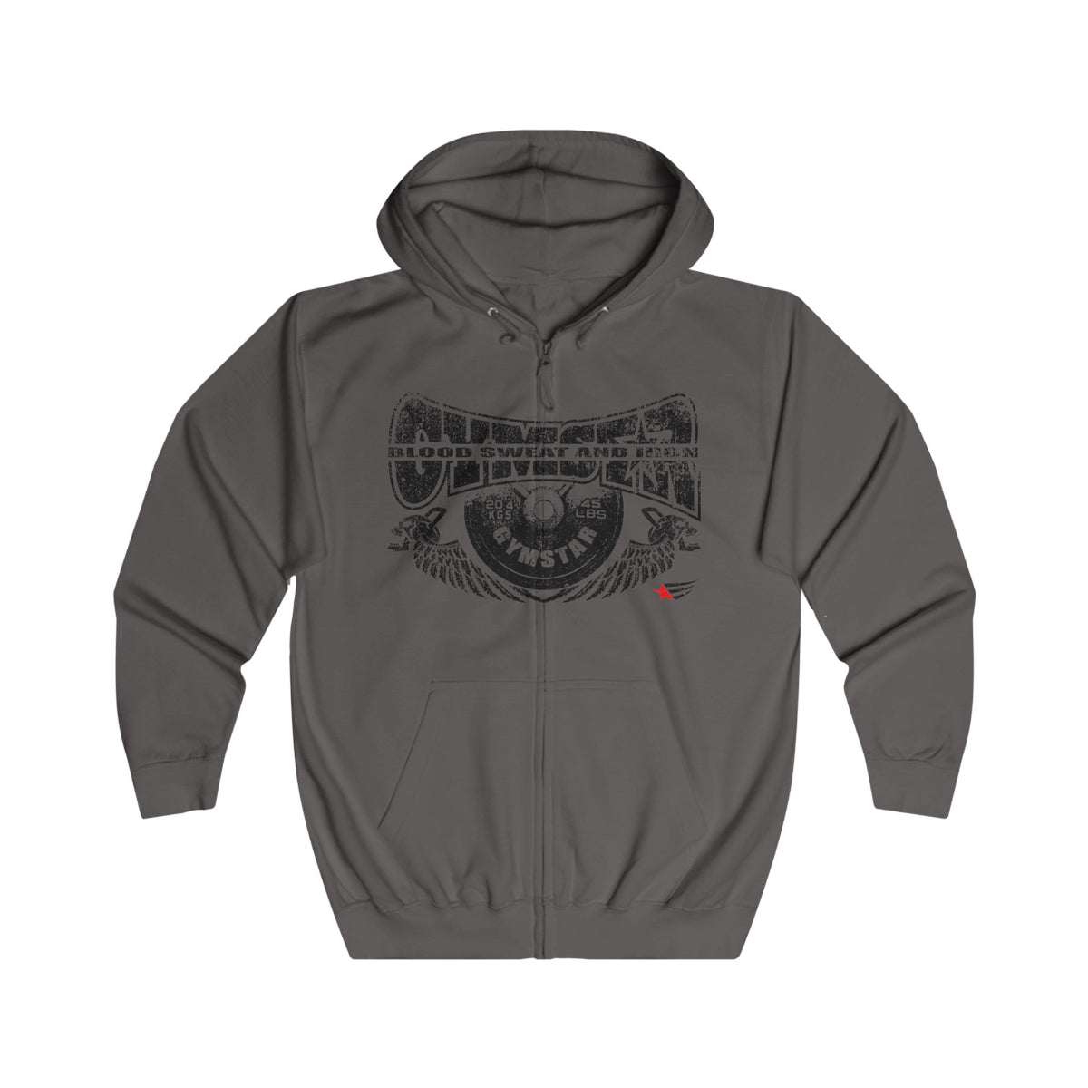 A dark gray zip-up hoodie with a distressed black graphic on the chest reading 'Dominator Instinct' and a small red accent logo on the lower right chest, shown against a plain white background.