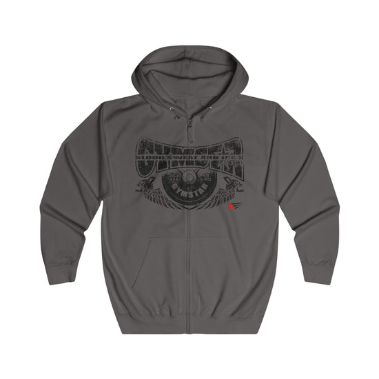 A dark gray zip-up hoodie with a distressed black graphic on the chest reading 'Dominator Instinct' and a small red accent logo on the lower right chest, shown against a plain white background.