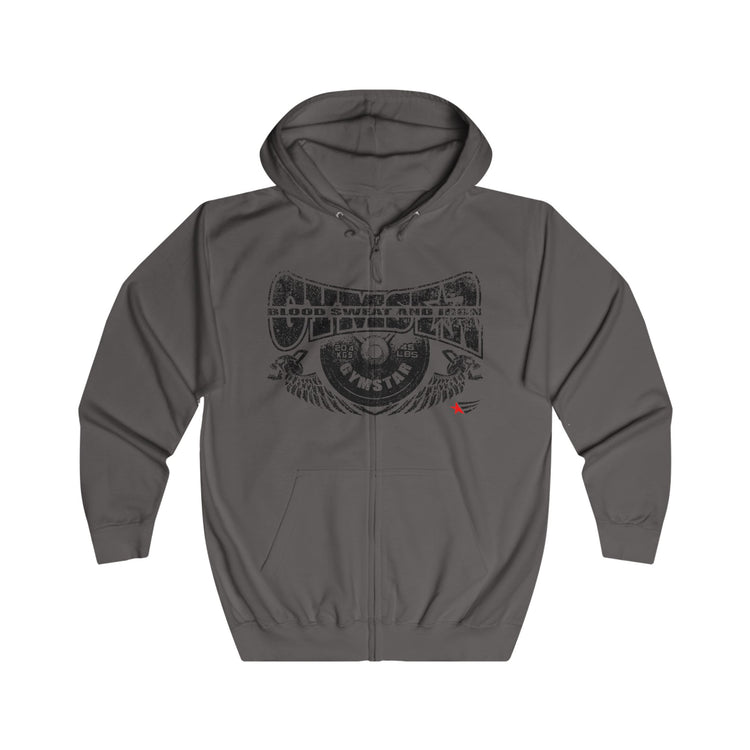 A dark gray zip-up hoodie with a distressed black graphic on the chest reading 'Dominator Instinct' and a small red accent logo on the lower right chest, shown against a plain white background.