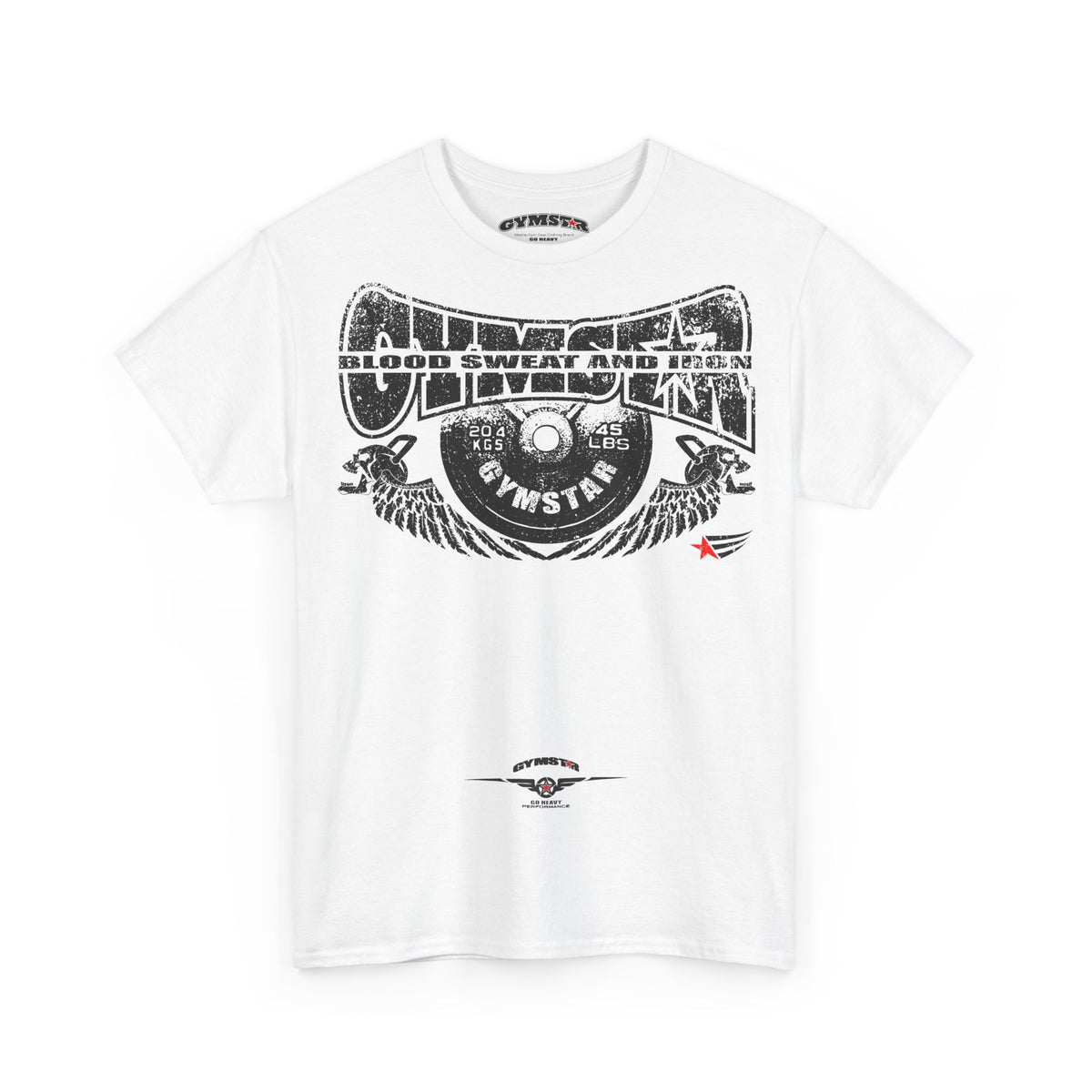 A white short-sleeve crewneck t-shirt featuring a large black distressed graphic on the front with the text 'Gymnster Blood Sweat and Iron' and a vinyl record design, shown against a plain white background.