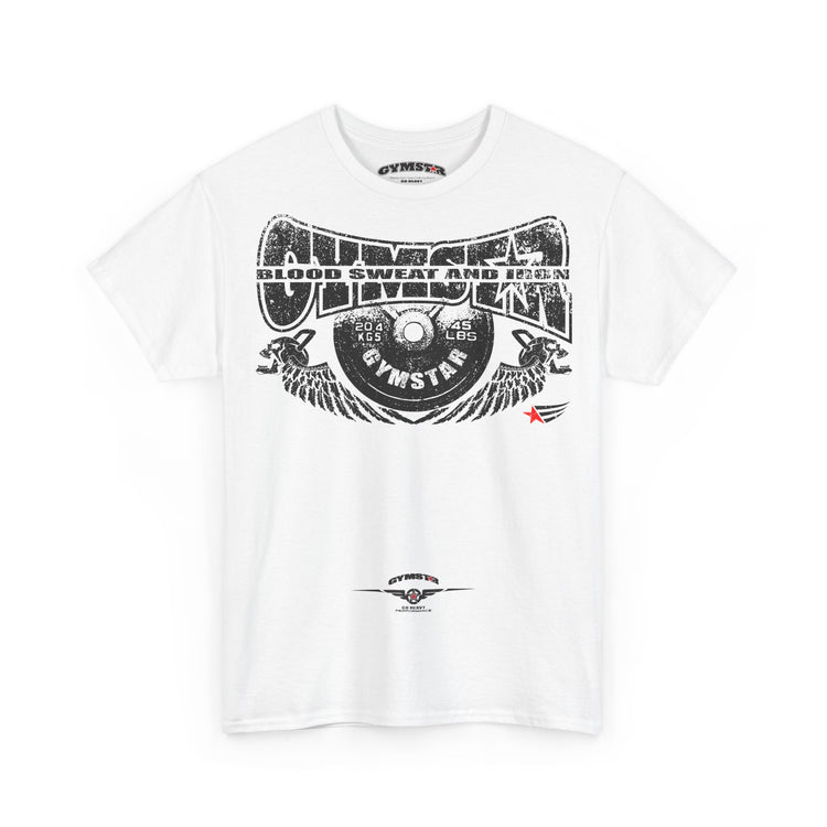 A white short-sleeve crewneck t-shirt featuring a large black distressed graphic on the front with the text 'Gymnster Blood Sweat and Iron' and a vinyl record design, shown against a plain white background.