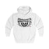 A white zip-up hoodie with a large black graphic print on the front featuring the text 'UNDEFEATED' and 'BLOOD SWEAT & IRON'. The hoodie is shown flat against a solid white background.
