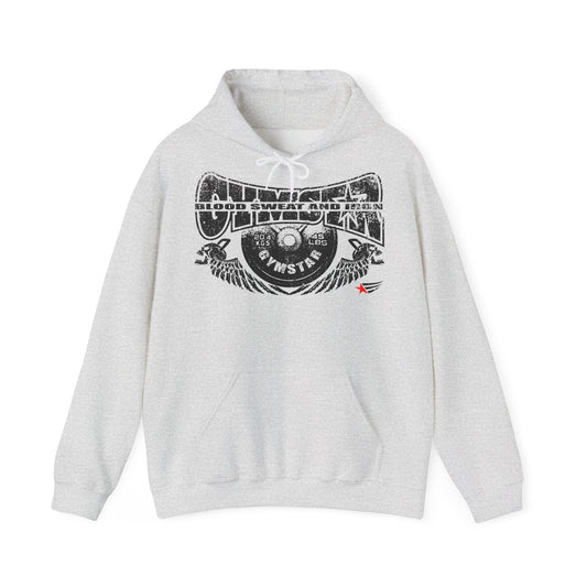 A light heather gray pullover hoodie with a black graphic print on the chest featuring the text 'JUVENILE AESTHETIC' and 'GYMSTAR' with winged wheel and dumbbell illustrations, shown on a plain white background.