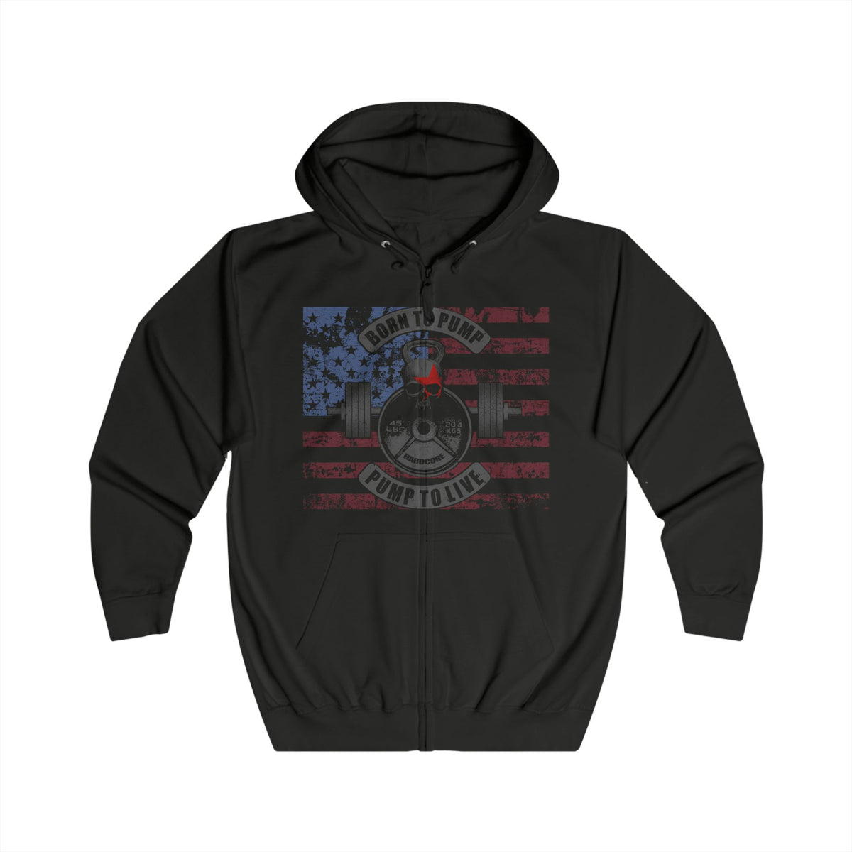 A black zip-up hoodie with a distressed patriotic graphic on the chest featuring a flag, a weight plate, and the text 'BORN TO BURN GROW TO LIVE'.
