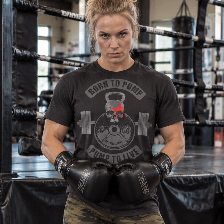 Emelie Johansson wearing a black GYMSTAR Born to Pump graphic T-shirt, camouflage leggings and boxing gloves, standing in front of a boxing ring.