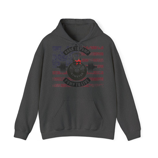 Gray hoodie with a red logo on a white background