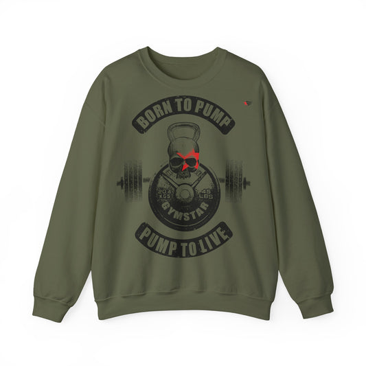 An olive green crewneck sweatshirt with a gym-themed graphic on the front. The graphic features a skull wearing red sunglasses, a kettlebell, a barbell, and the text 'BORN TO PUMP' and 'PUMP TO LIVE'.