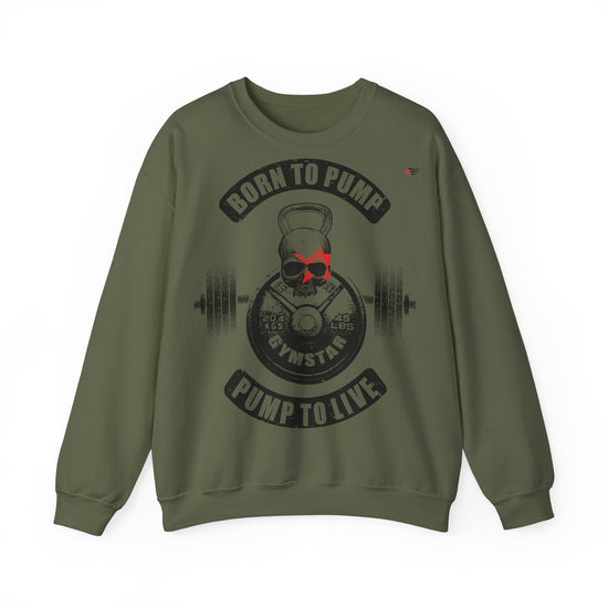 An olive green crewneck sweatshirt with a gym-themed graphic on the front. The graphic features a skull wearing red sunglasses, a kettlebell, a barbell, and the text 'BORN TO PUMP' and 'PUMP TO LIVE'.