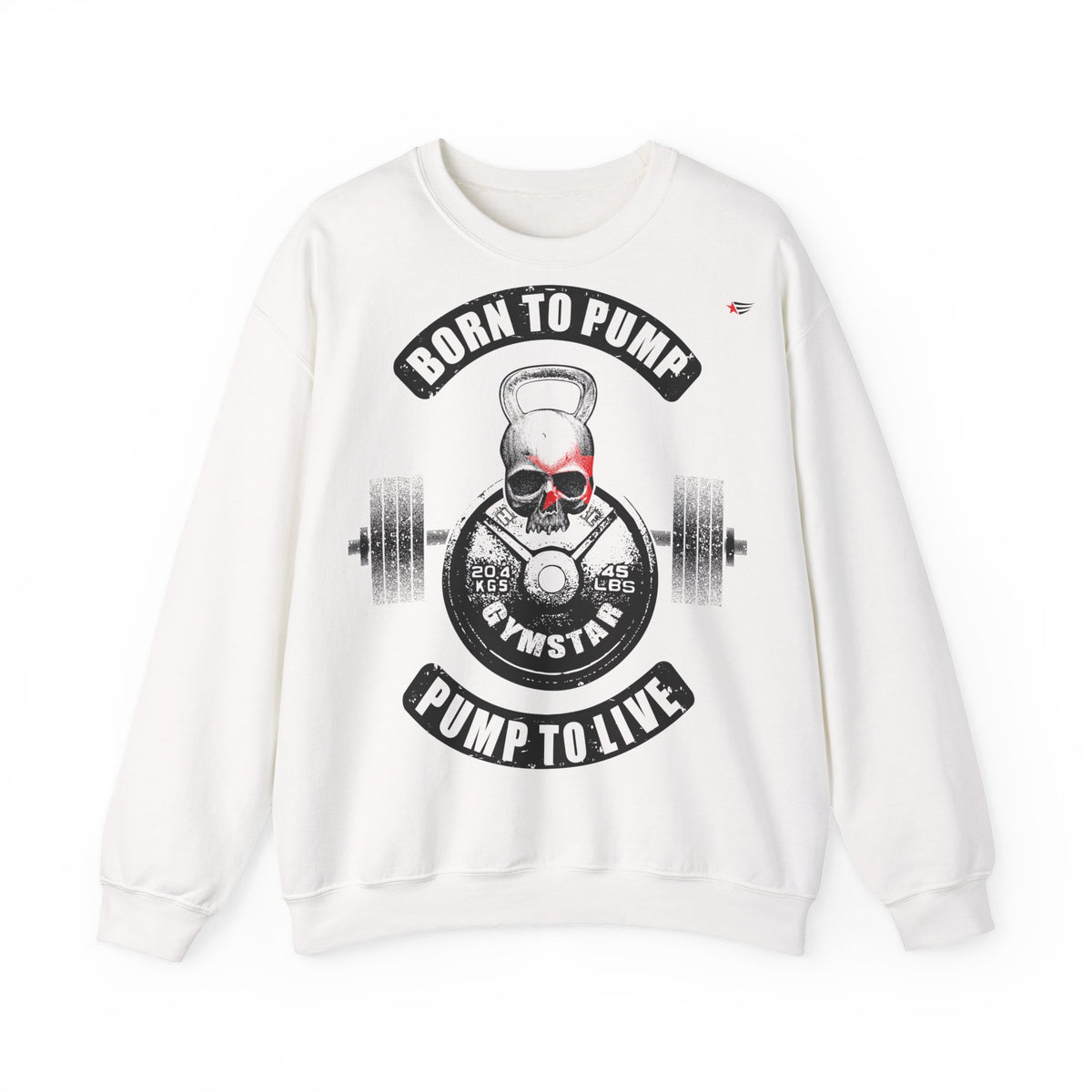 An off-white crewneck sweatshirt with a large black and red gym-themed graphic on the front featuring a skull, barbell, and the text 'BORN TO PUMP' and 'PUMP TO LIVE'.