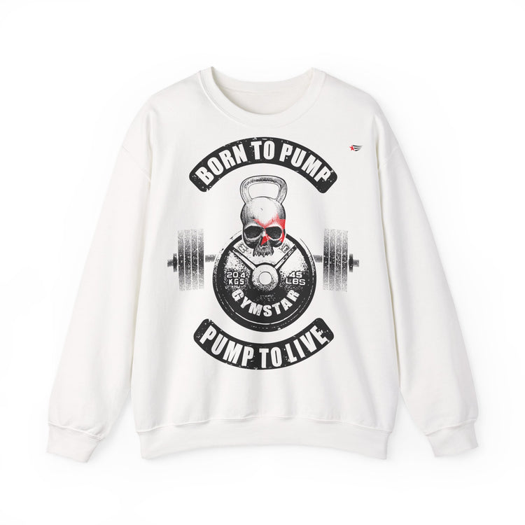 An off-white crewneck sweatshirt with a large black and red gym-themed graphic on the front featuring a skull, barbell, and the text 'BORN TO PUMP' and 'PUMP TO LIVE'.