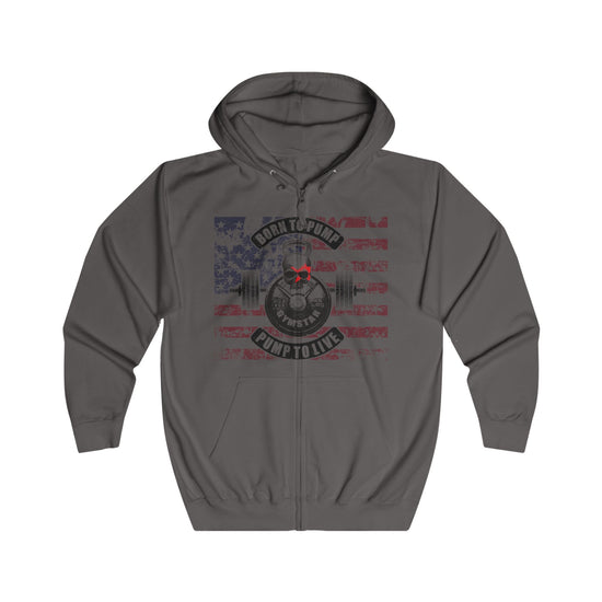 A dark gray zip-up hoodie with a distressed red, white, and black graphic on the front featuring a barbell, weight plate, and the text 'BORN TO PUSH GRIP TO LINE'.