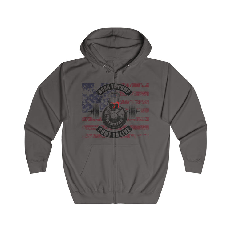 A dark gray zip-up hoodie with a distressed red, white, and black graphic on the front featuring a barbell, weight plate, and the text 'BORN TO PUSH GRIP TO LINE'.