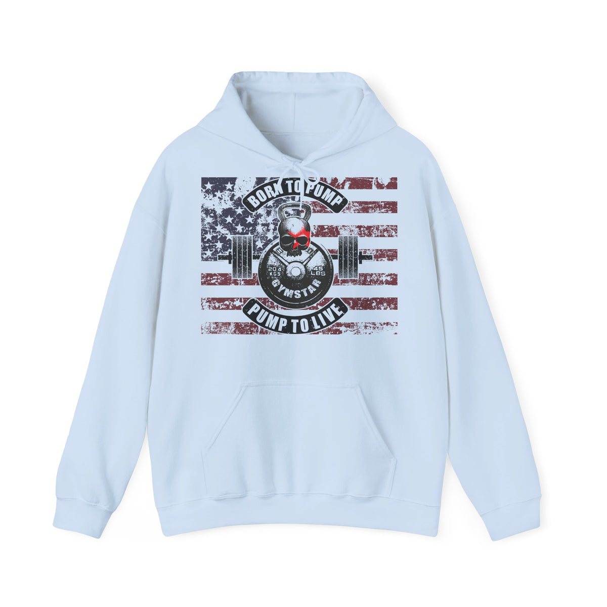 A light blue pullover hoodie with a distressed American flag graphic on the chest, featuring a central weightlifting design with a skull and the words 'Born to Pump' and 'Pump to Live'.