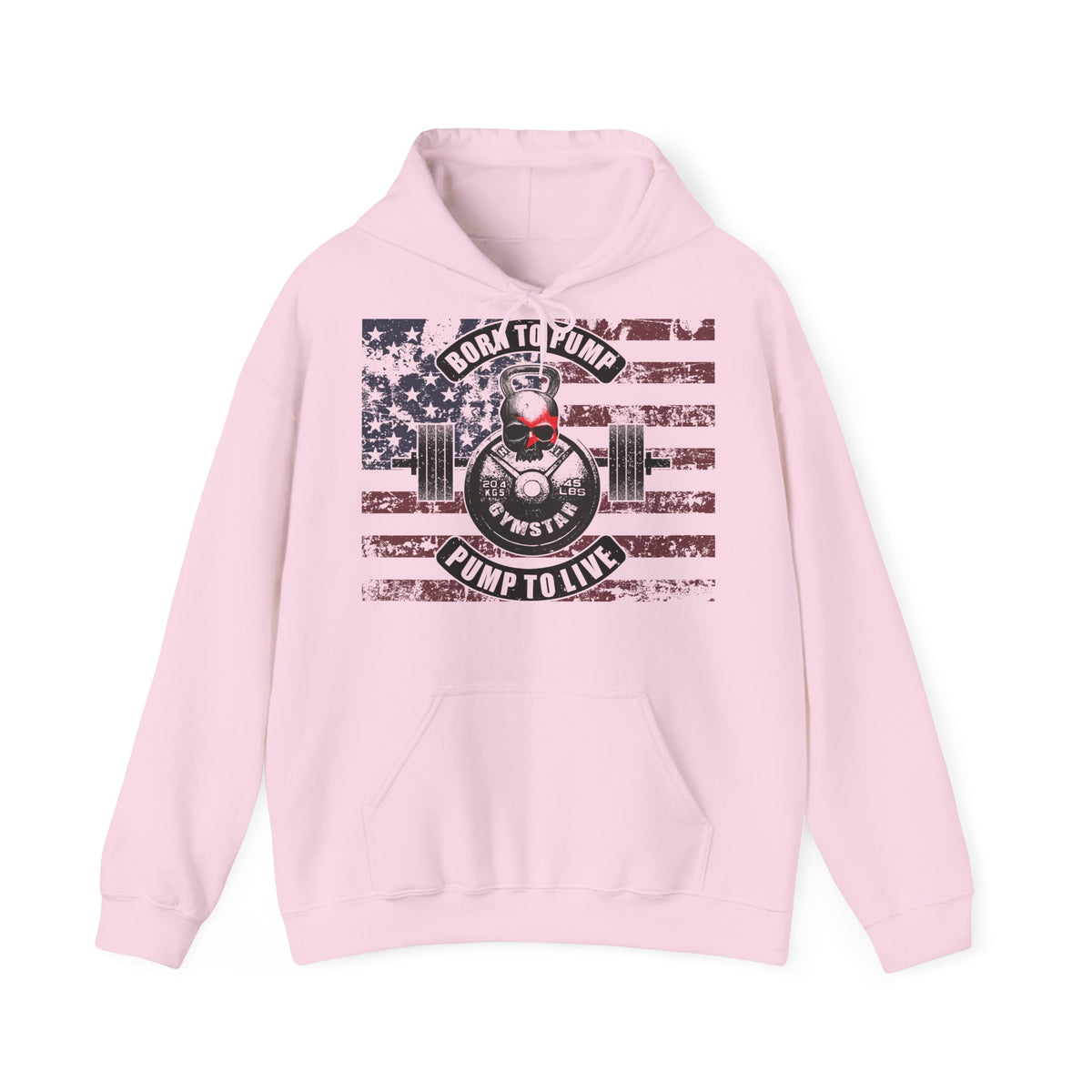 A light pink pullover hoodie with a distressed graphic on the chest featuring an American flag, a barbell, a skull, and the text 'BORN TO PUMP PUMP TO LIVE' with 'Pump Star' in the center.