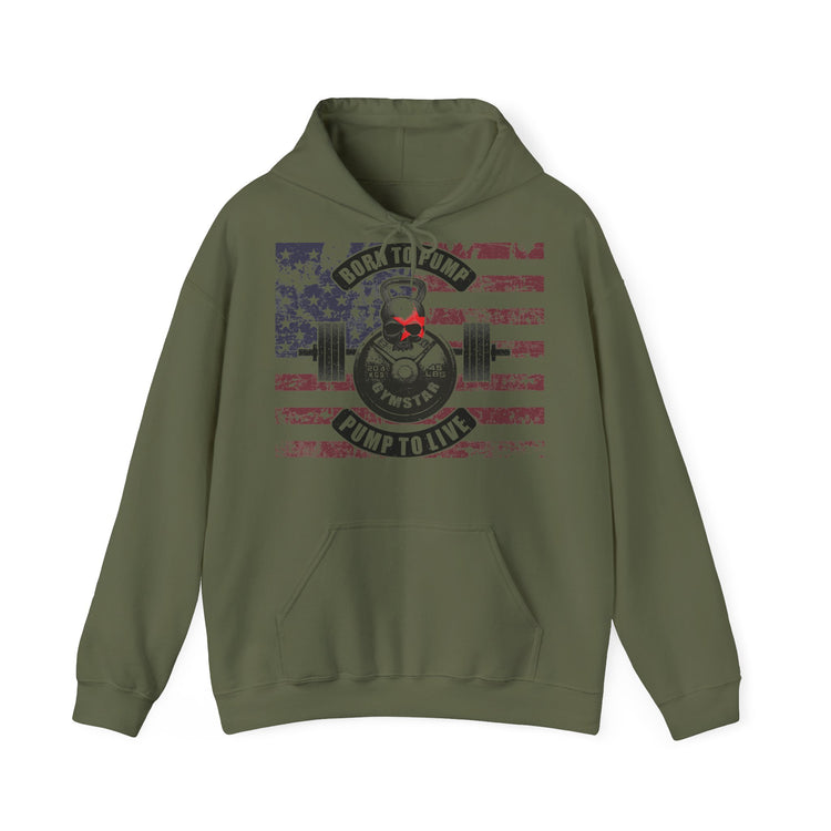 Gray hoodie with a red logo on a white background