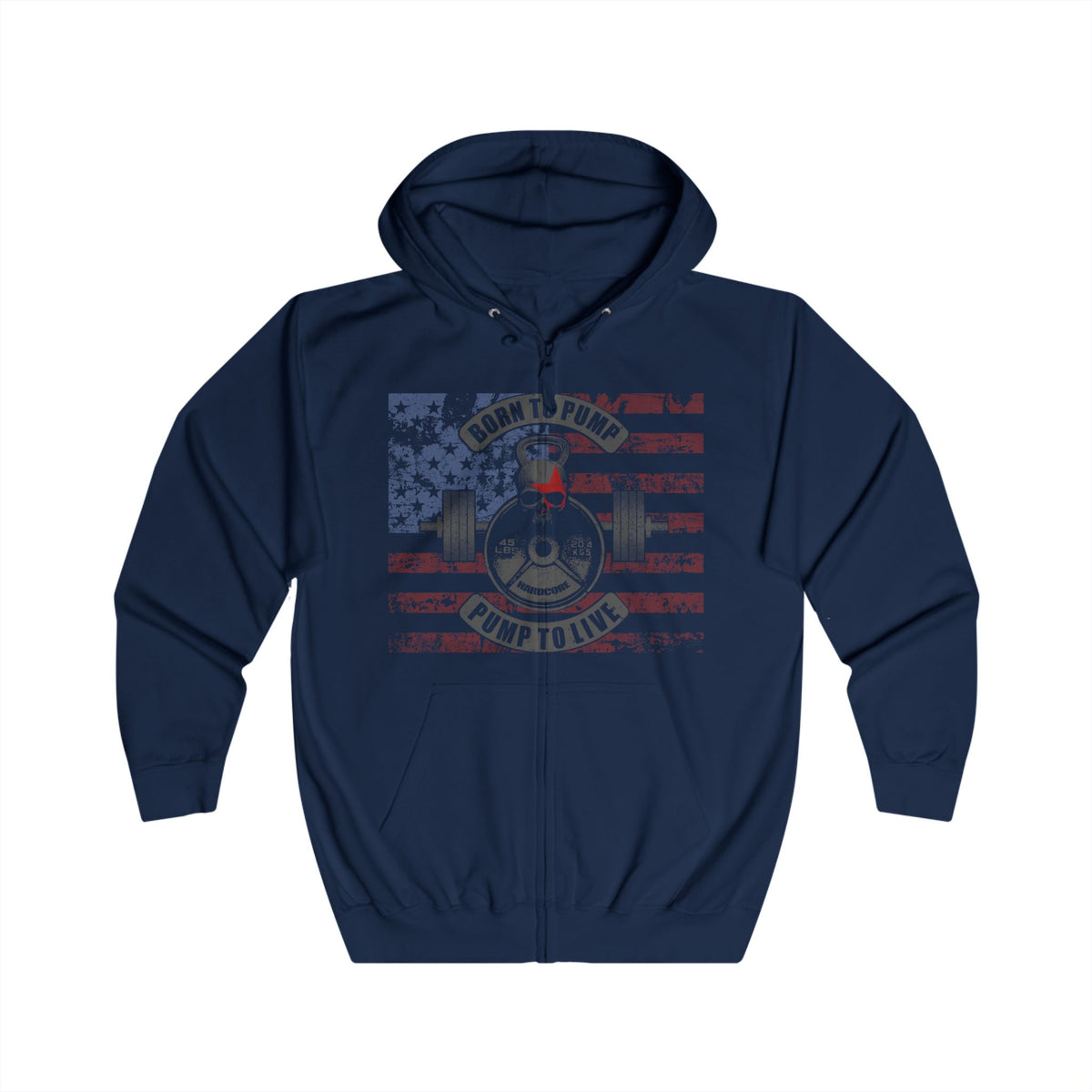 A navy blue zip-up hoodie with a distressed American flag graphic on the chest featuring a barbell and the text 'HOW TO PULL UP' and 'GO UP TO LIVE'.