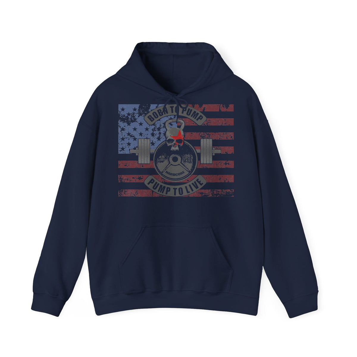 A black pullover hoodie with a distressed American flag graphic on the chest featuring a weight plate, skull, and the text 'NO BATH PUMP' and 'PUMP TO LIVE'.