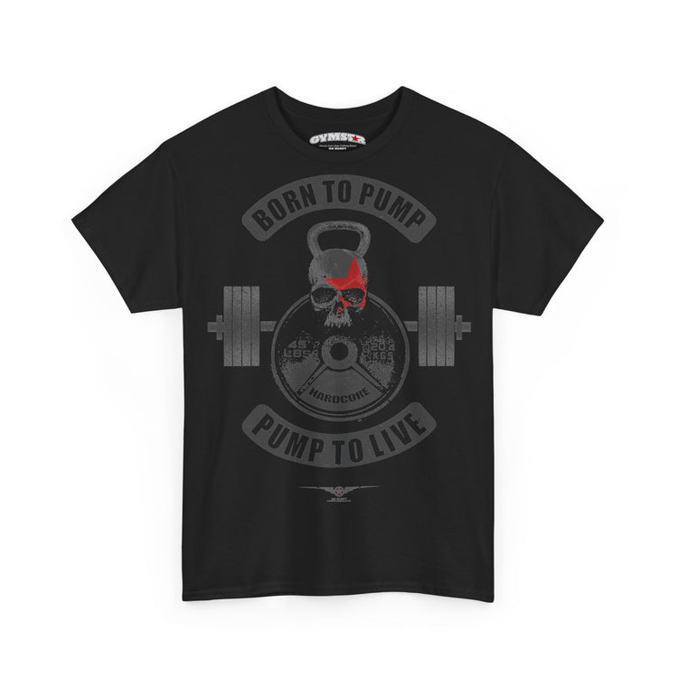 A black short-sleeve Gymstar t-shirt with a gym-themed graphic on the front. The design features a skull inside a kettlebell and barbell motif, with the text 'BORN TO PUMP' above and 'PUMP TO LIVE' below, in gray and accented with a red cross on the kettlebell.