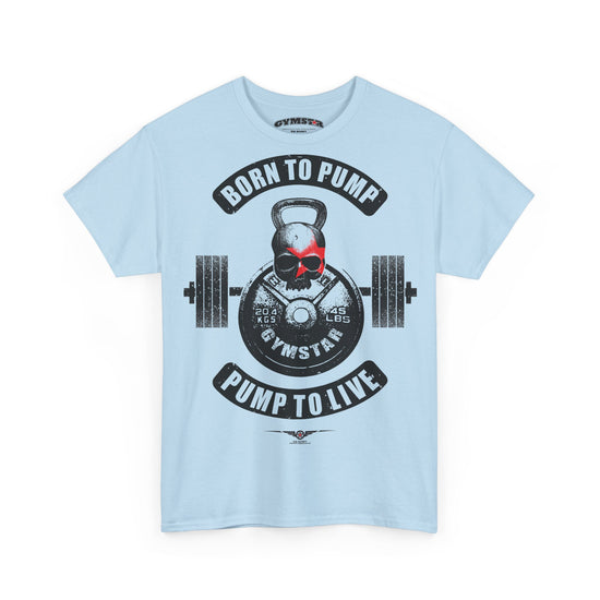 A light blue short-sleeve crewneck Gymstar t-shirt featuring a black and red graphic print on the front. The graphic displays a skull wearing a red baseball cap, positioned in front of a barbell and a kettlebell, with the text 'BORN TO PUMP' above and 'PUMP TO LIVE' below.