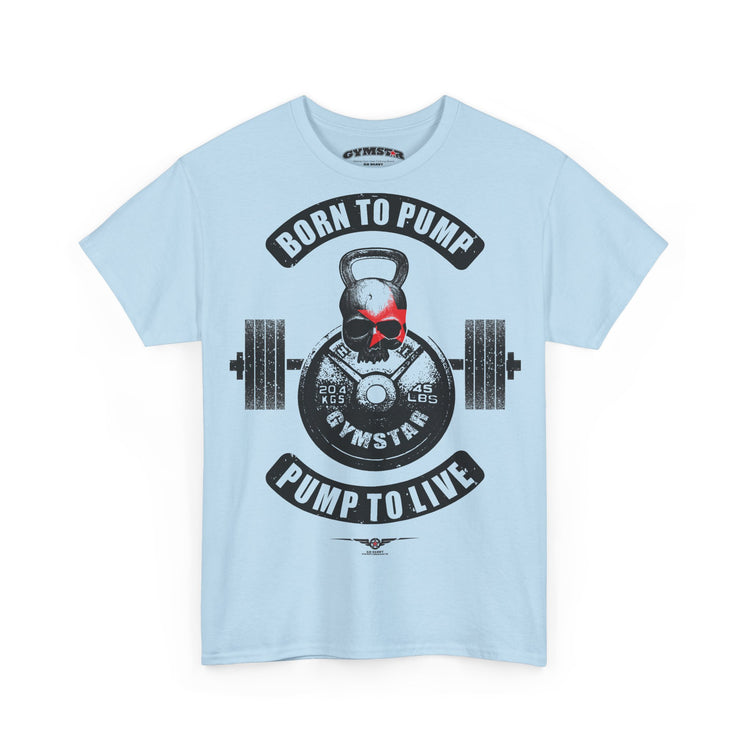 A light blue short-sleeve crewneck Gymstar t-shirt featuring a black and red graphic print on the front. The graphic displays a skull wearing a red baseball cap, positioned in front of a barbell and a kettlebell, with the text 'BORN TO PUMP' above and 'PUMP TO LIVE' below.