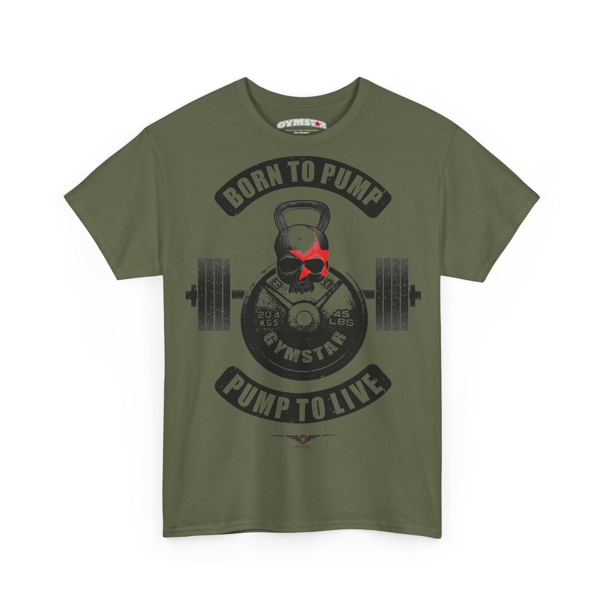 An olive green short-sleeve Gymstar t-shirt with a gym-themed graphic on the front. The graphic features a skull wearing a red bandana over a barbell and kettlebell design, with the text 'BORN TO PUMP' and 'PUMP TO LIVE'.