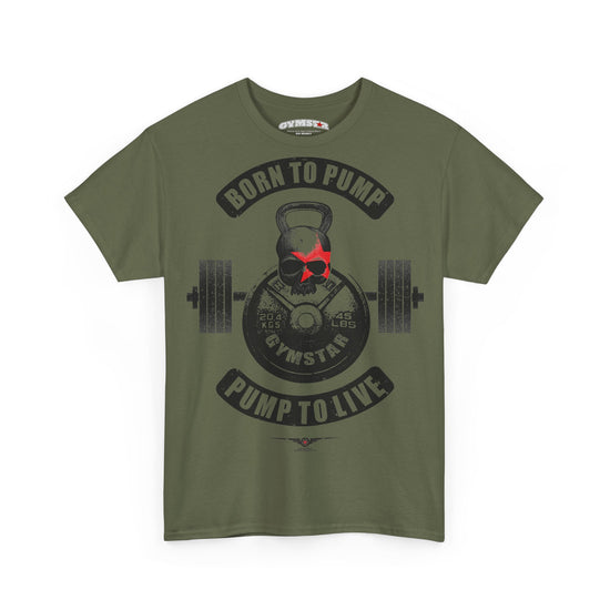 An olive green short-sleeve Gymstar t-shirt with a gym-themed graphic on the front. The graphic features a skull wearing a red bandana over a barbell and kettlebell design, with the text 'BORN TO PUMP' and 'PUMP TO LIVE'.