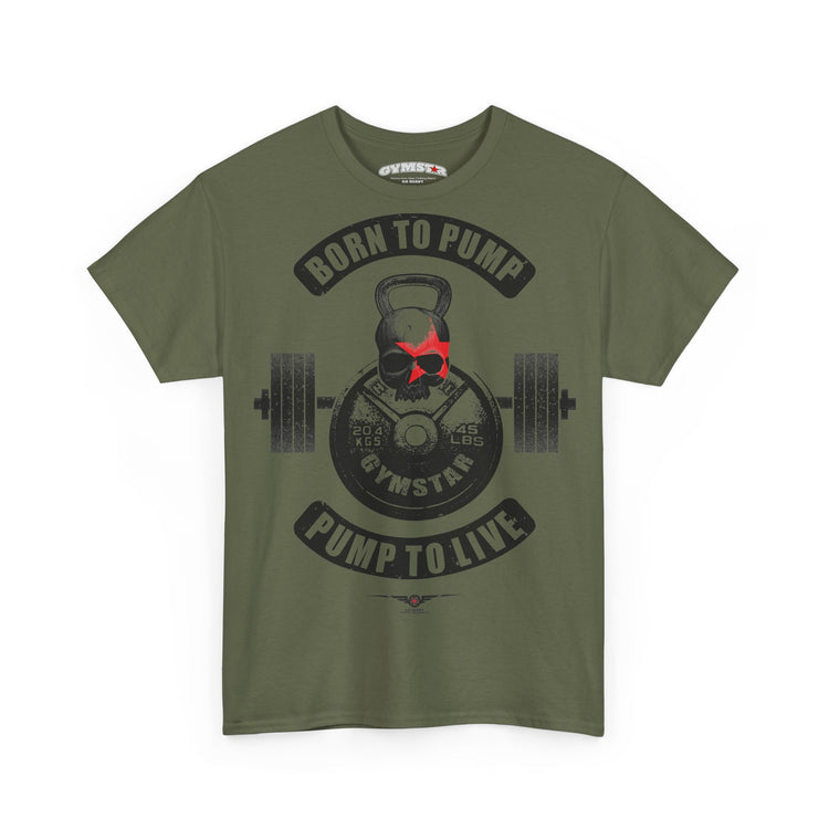 An olive green short-sleeve Gymstar t-shirt with a gym-themed graphic on the front. The graphic features a skull wearing a red bandana over a barbell and kettlebell design, with the text 'BORN TO PUMP' and 'PUMP TO LIVE'.