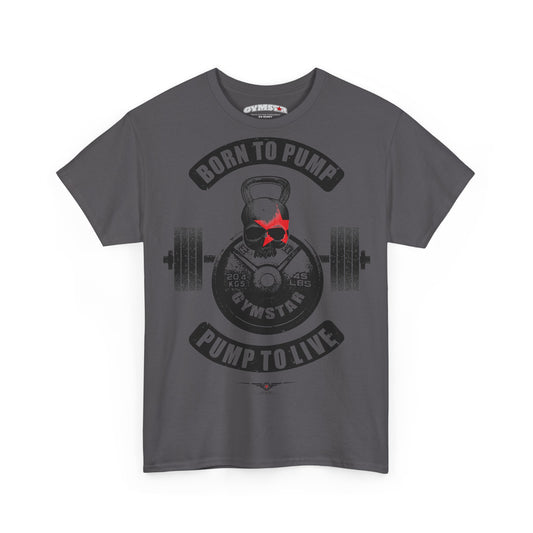 A dark gray crewneck t-shirt featuring a gym-themed graphic print. The design includes a skull wearing a red star, a kettlebell, a barbell, and the text 'BORN TO PUMP', 'GYMSTAR', and 'PUMP TO LIVE'.