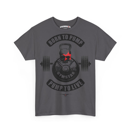 A dark gray crewneck t-shirt featuring a gym-themed graphic print. The design includes a skull wearing a red star, a kettlebell, a barbell, and the text 'BORN TO PUMP', 'GYMSTAR', and 'PUMP TO LIVE'.