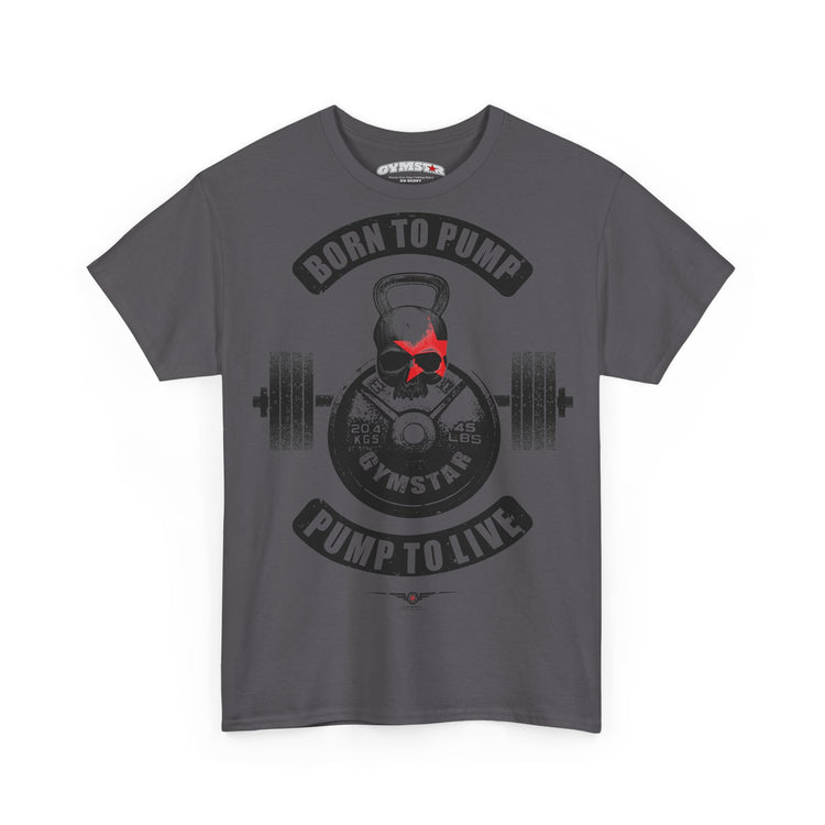 A dark gray crewneck t-shirt featuring a gym-themed graphic print. The design includes a skull wearing a red star, a kettlebell, a barbell, and the text 'BORN TO PUMP', 'GYMSTAR', and 'PUMP TO LIVE'.