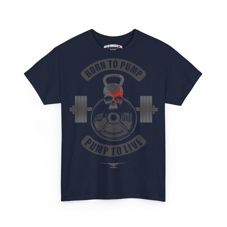 A navy blue short-sleeve Gymstar t-shirt with a distressed graphic on the front featuring a skull inside a kettlebell and barbell, with the text 'BORN TO PUMP' and 'PUMP TO LIVE'.