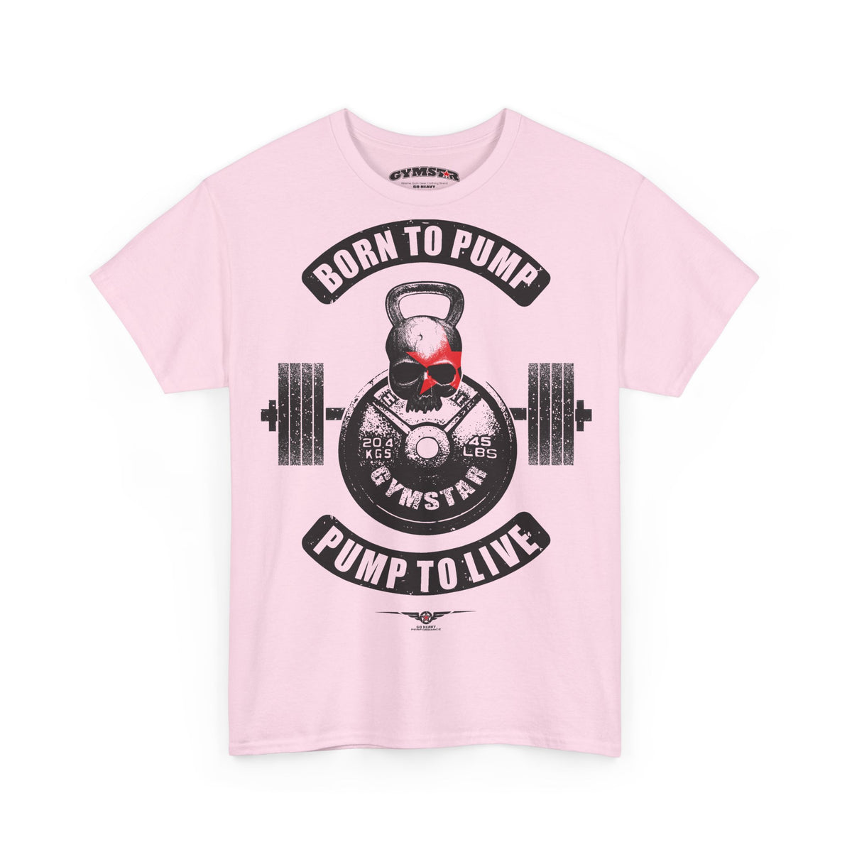 A light pink short-sleeve crewneck t-shirt featuring a gym-themed graphic print on the front. The graphic displays a skull wearing a red baseball cap, a kettlebell, a barbell, and the text 'BORN TO PUMP' and 'PUMP TO LIVE' with 'GYMSTAR' in the center.