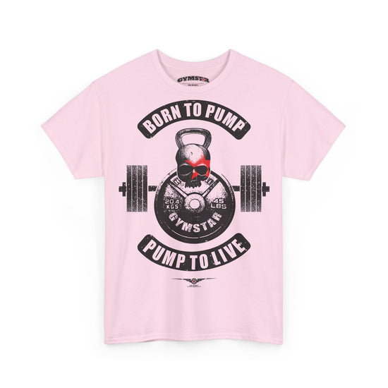 A light pink short-sleeve crewneck t-shirt featuring a gym-themed graphic print on the front. The graphic displays a skull wearing a red baseball cap, a kettlebell, a barbell, and the text 'BORN TO PUMP' and 'PUMP TO LIVE' with 'GYMSTAR' in the center.