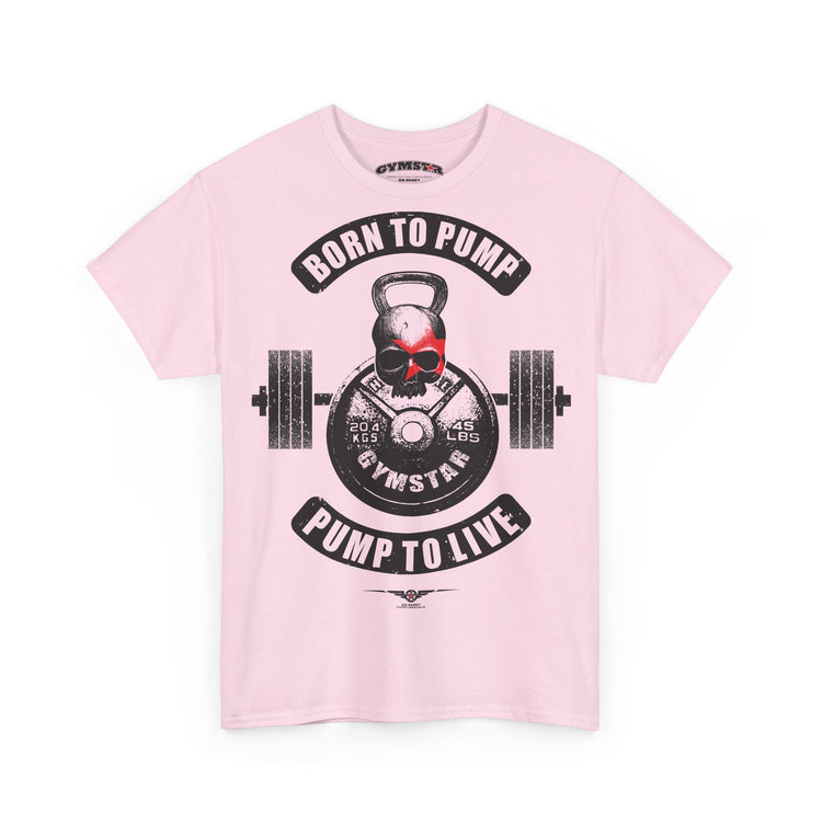 A light pink short-sleeve crewneck t-shirt featuring a gym-themed graphic print on the front. The graphic displays a skull wearing a red baseball cap, a kettlebell, a barbell, and the text 'BORN TO PUMP' and 'PUMP TO LIVE' with 'GYMSTAR' in the center.