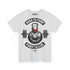 A light heather gray crewneck t-shirt featuring a black and red graphic print on the front. The graphic displays a skull wearing a red baseball cap, a kettlebell, a barbell, and the text 'BORN TO PUMP' and 'PUMP TO LIVE' with 'GYMSTAR' in the center.