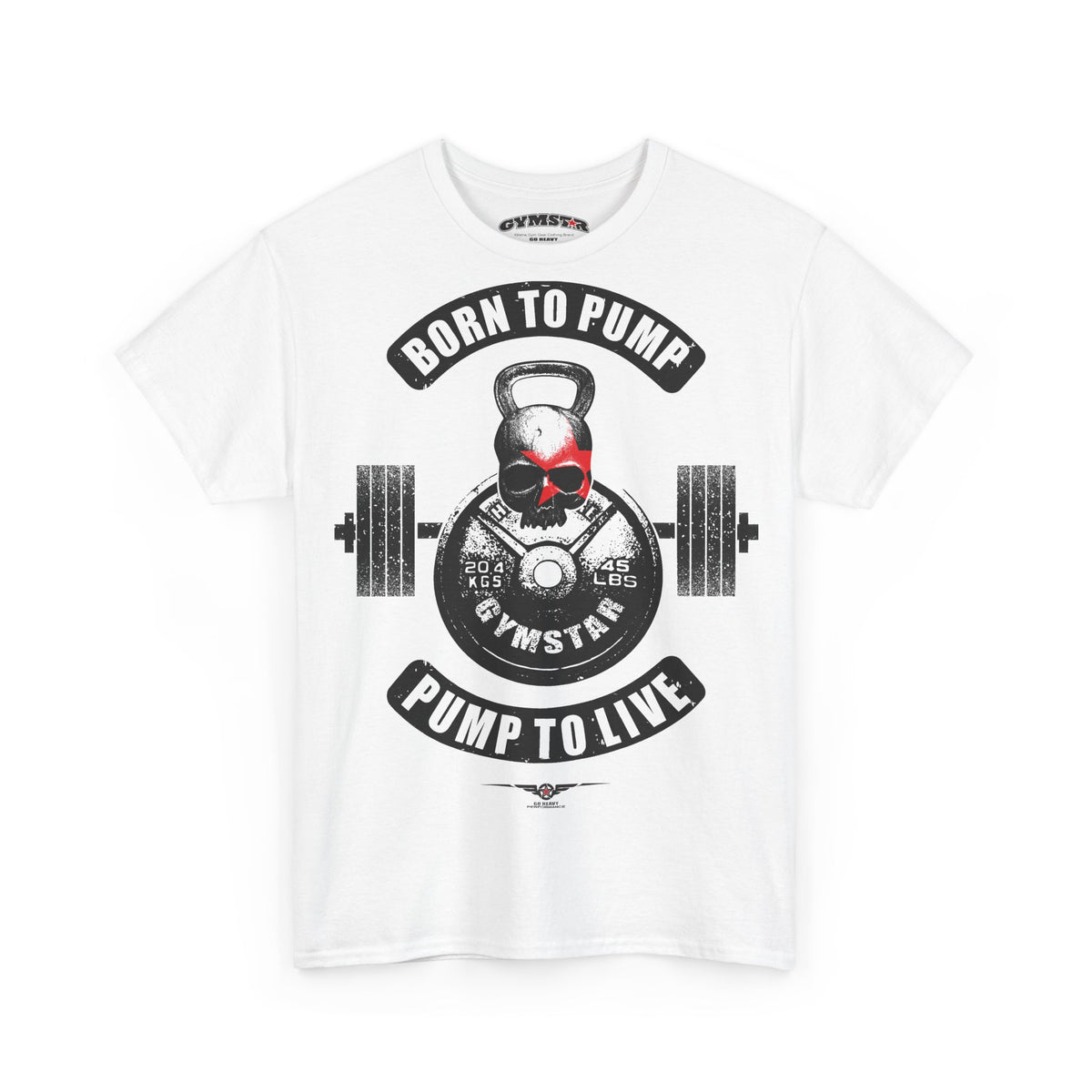 A white short-sleeve crewneck Gymstar t-shirt featuring a gym-themed graphic print on the front. The design includes a central skull wearing a red baseball cap, positioned in front of a barbell and kettlebell.