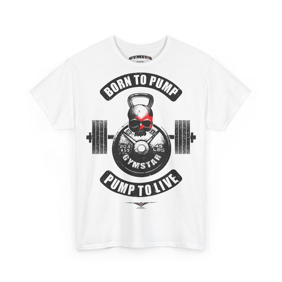 A white short-sleeve crewneck Gymstar t-shirt featuring a gym-themed graphic print on the front. The design includes a central skull wearing a red baseball cap, positioned in front of a barbell and kettlebell.