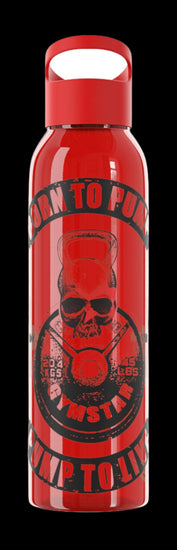 Red sports bottle with black inscription "BORN TO PUMP, PUMP TO LIVE" and a graphic of a dumbbell with weights, GYMSTAR brand.