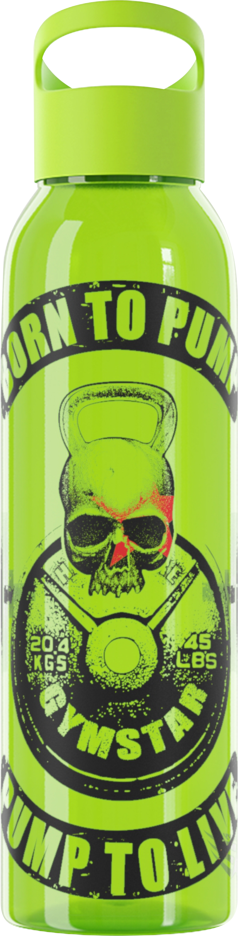 A green Gymstar water bottle with a twist-on lid, featuring a graphic design with the text 'Born to Pump' and a skull wearing sunglasses.