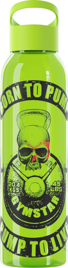 A green Gymstar water bottle with a twist-on lid, featuring a graphic design with the text 'Born to Pump' and a skull wearing sunglasses.