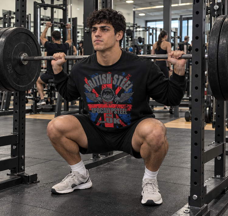 A man in a gym performing a barbell squat, wearing a black Gymstar long-sleeve graphic sweatshirt with a red, white, and blue 'British Steel' design, black shorts, and white sneakers.