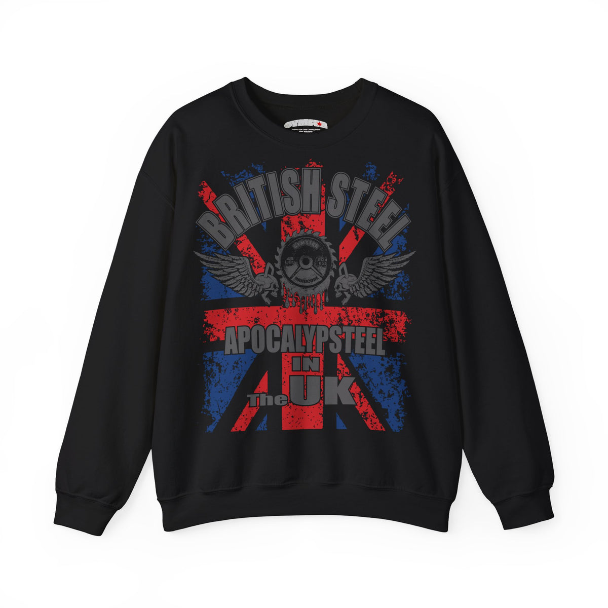 A black crewneck Gymstar sweatshirt featuring a distressed graphic print of the Union Jack with a skull wearing aviator goggles, the words 'BRITISH STEEL' and 'APOCALYPSE STEEL IN THE UK', and a small 'Comfort Colors' neck label.