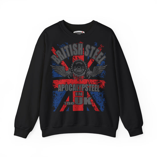 A black crewneck Gymstar sweatshirt featuring a distressed graphic print of the Union Jack with a skull wearing aviator goggles, the words 'BRITISH STEEL' and 'APOCALYPSE STEEL IN THE UK', and a small 'Comfort Colors' neck label.